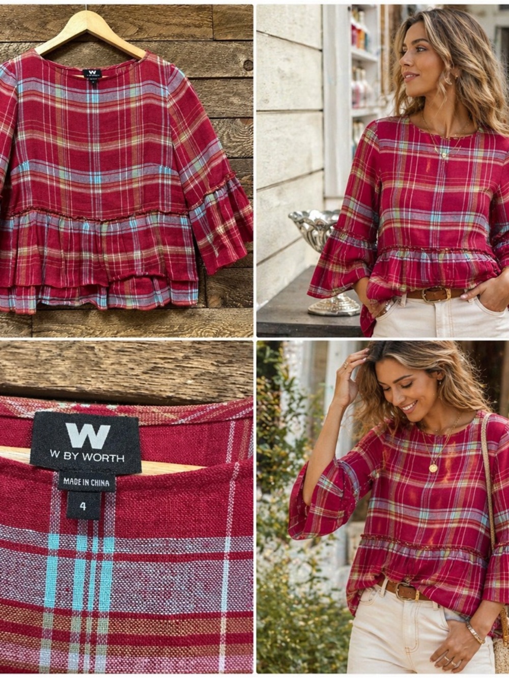 W by Worth Red Plaid Ruffle Peplum Blouse